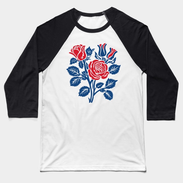 Red and blue roses block print Baseball T-Shirt by craftydesigns